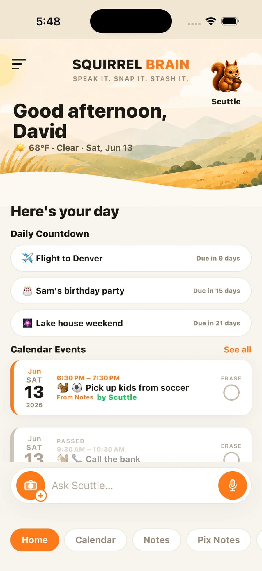 Squirrel Brain home — Daily Countdown and captured calendar events