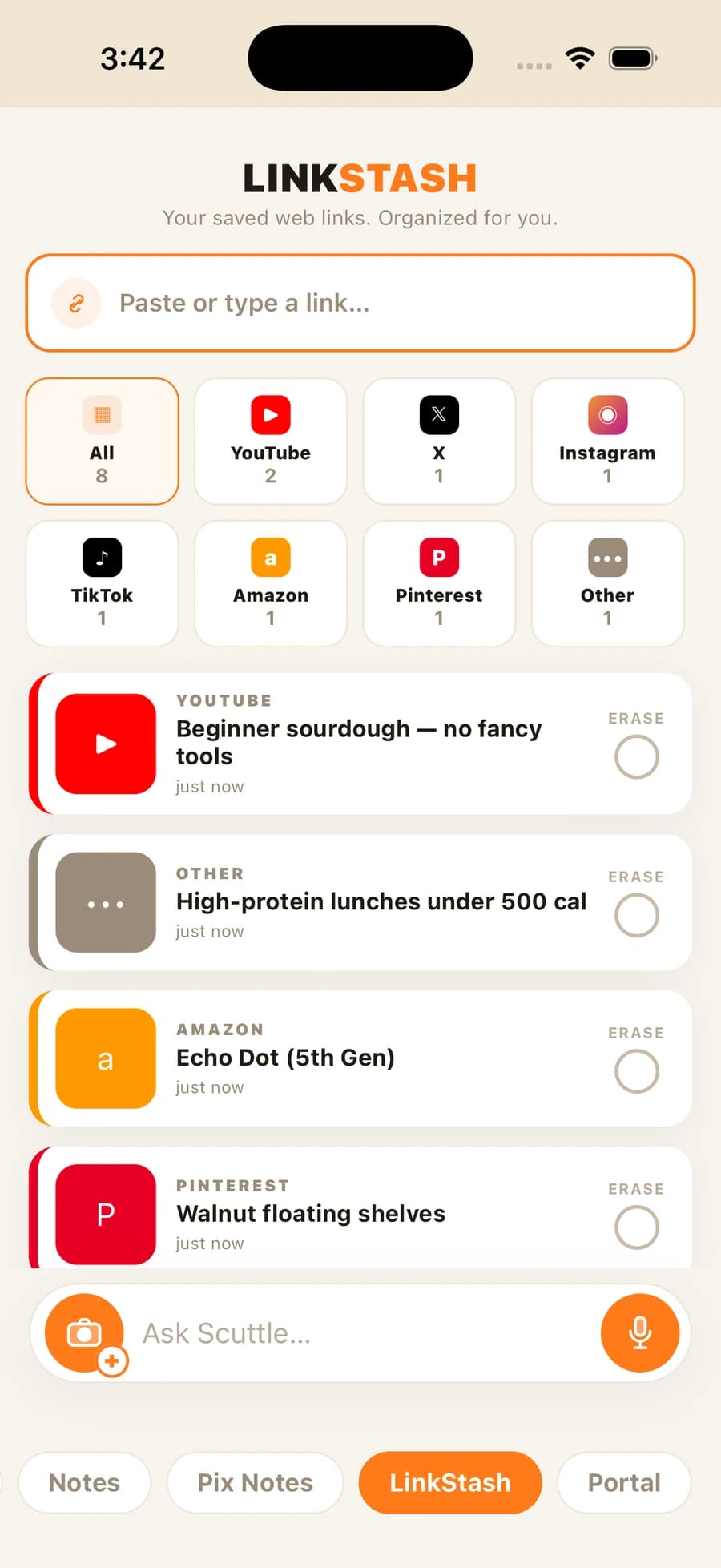 LinkStash with saved links organized by source