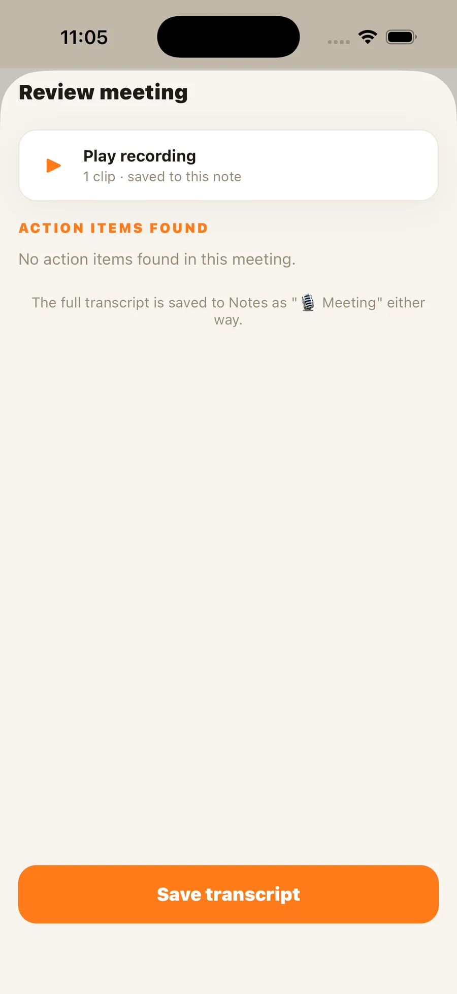 Meeting Mode recording — counting up in short chunks, with Stop & Review