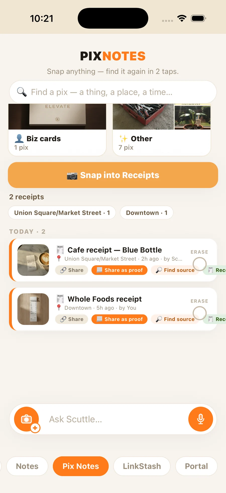 Receipts board with snapped receipts and a return reminder