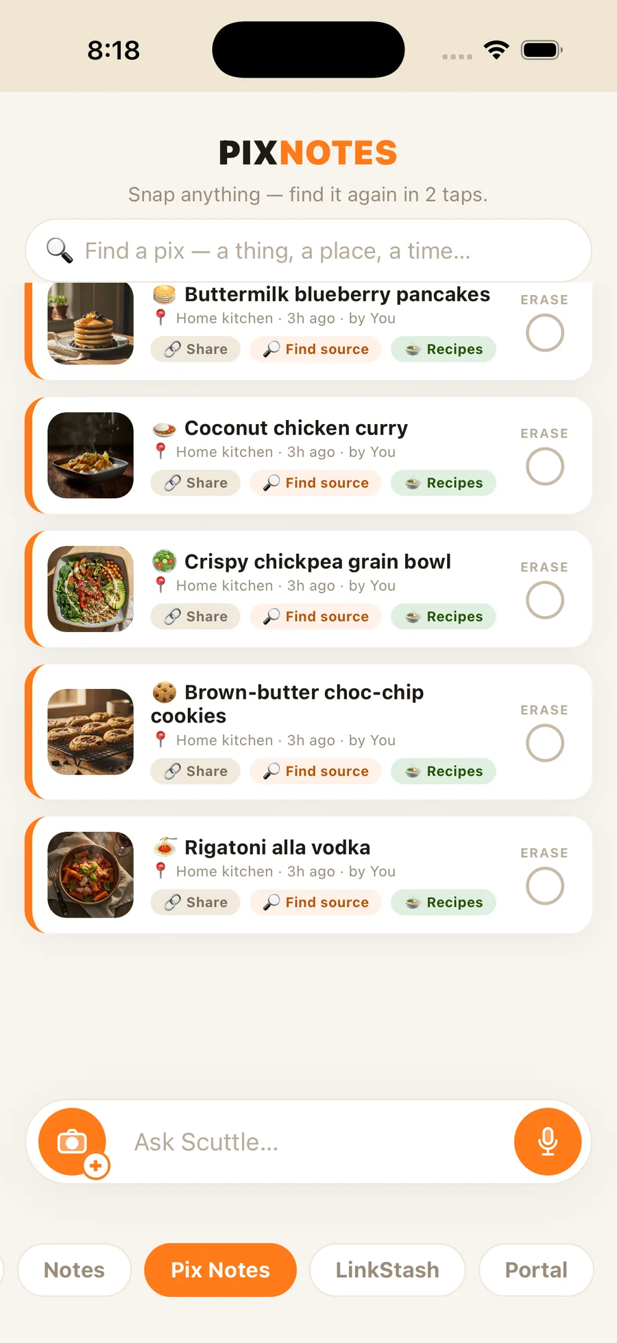 Squirrel Brain Recipes board — every recipe you've snapped, sorted and searchable
