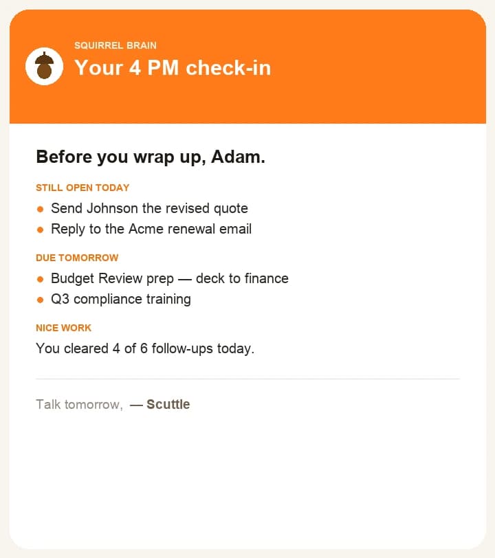The 4 PM nudge email for a business person — what's still open and what's due tomorrow